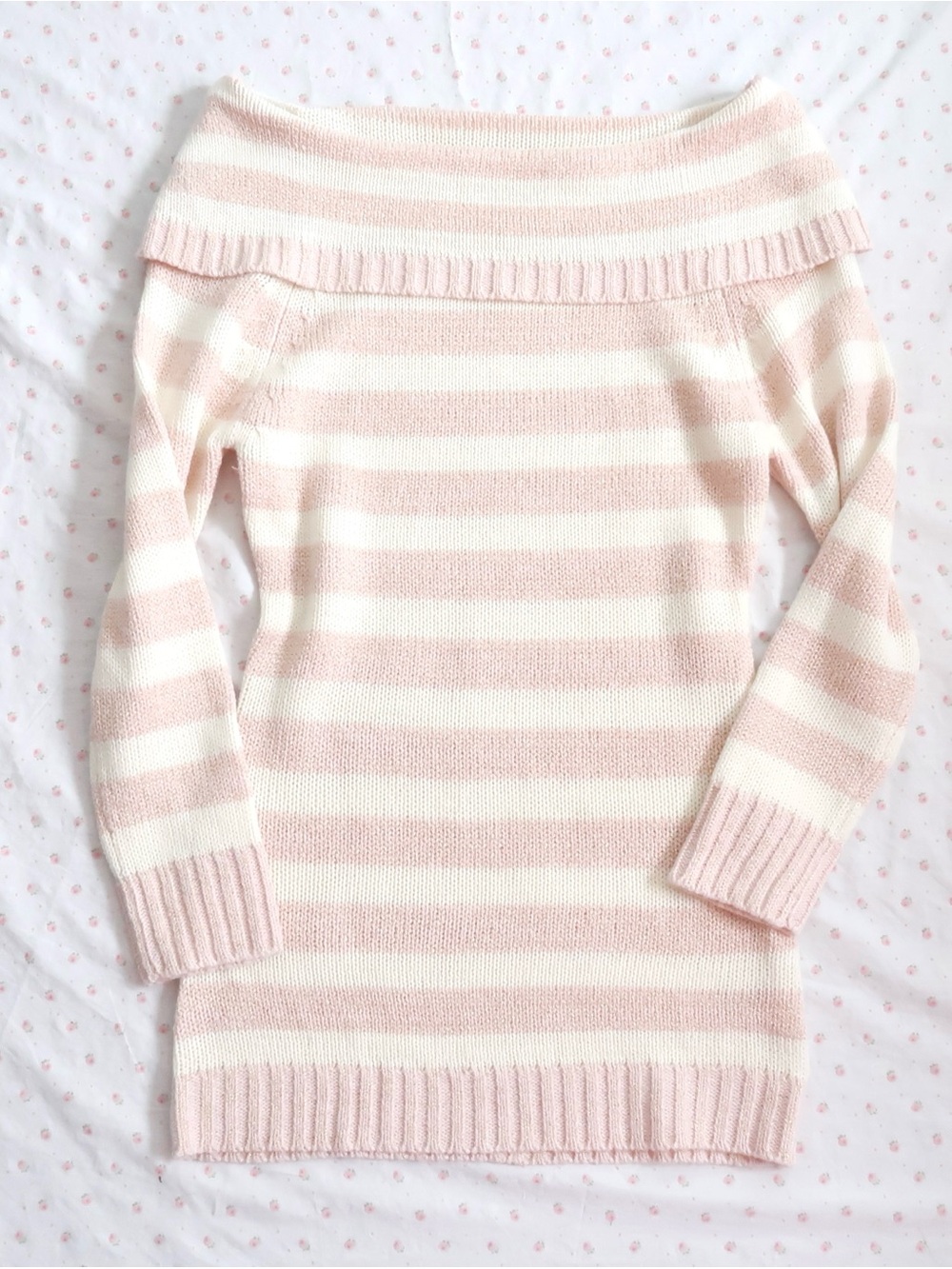 pink cream striped off shoulder knit sweater y2k coquette